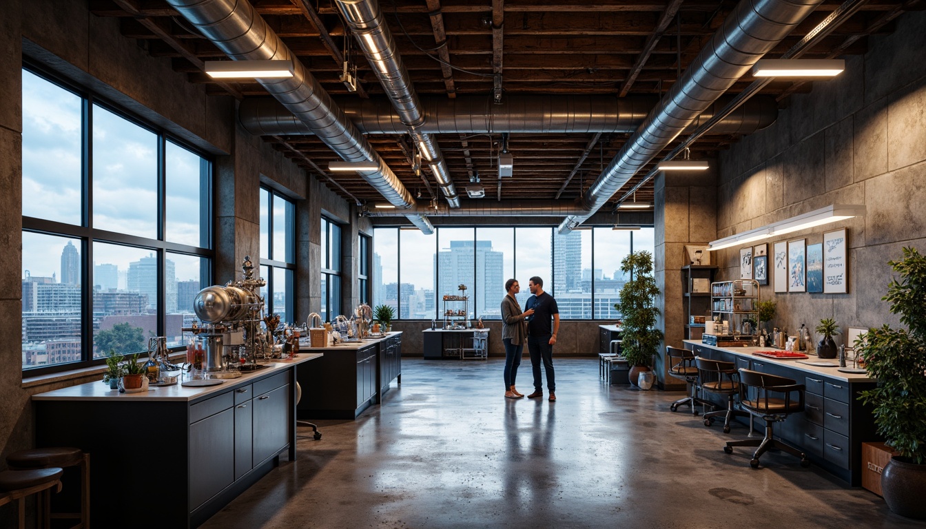 Prompt: Rustic science center, exposed ductwork, industrial pipes, metal beams, concrete floors, reclaimed wood accents, modern laboratory equipment, futuristic scientific instruments, vibrant neon lighting, urban cityscape, cloudy day, dramatic shadows, shallow depth of field, 1/1 composition, realistic metallic textures, ambient occlusion.