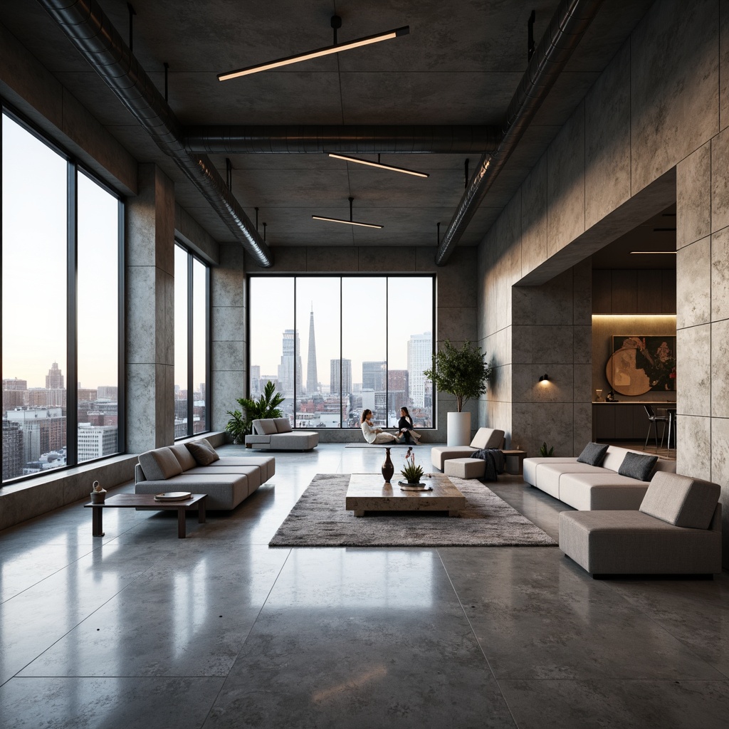 Prompt: Modern minimalist interior, sleek lines, monochromatic color scheme, polished concrete floors, industrial-chic metal beams, floor-to-ceiling windows, natural light, neutral-toned walls, textured stone accents, matte black fixtures, low-profile furniture, minimalist decor, urban loft atmosphere, dramatic city views, warm LED lighting, 1/1 composition, shallow depth of field, realistic reflections.