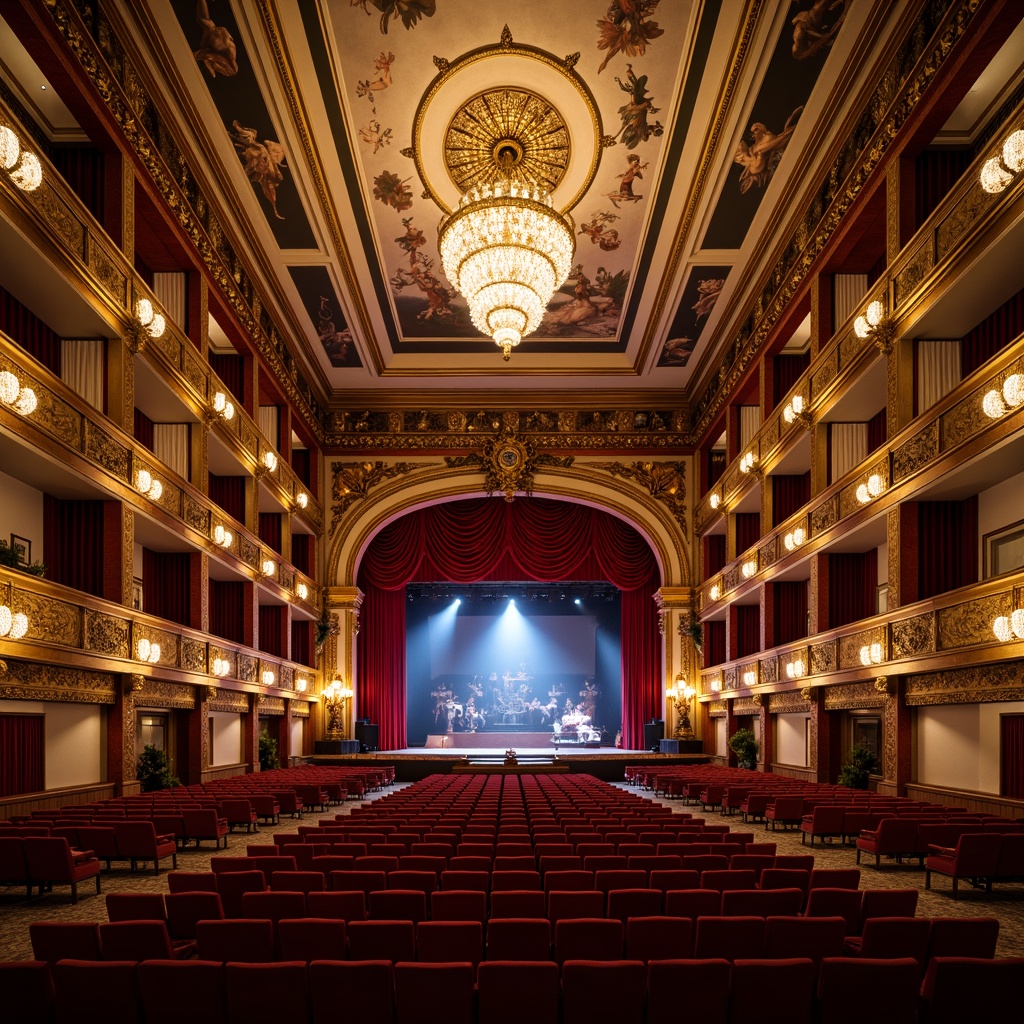 Prompt: Ornate auditorium, rich velvet curtains, gilded molding details, intricate wooden carvings, grand chandeliers, plush red seating, curved rows, staggered levels, intimate stage proximity, dramatic spotlights, soft warm glow, Baroque-inspired architectural elements, frescoed ceilings, ornamental balconies, luxurious textiles, golden accents, regal atmosphere, 3/4 composition, shallow depth of field, realistic rendering.