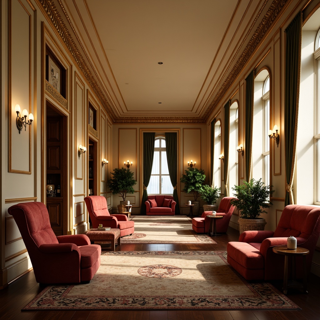 Prompt: Elegant classicism interior, rich wood tones, ornate gold accents, soft cream walls, velvety red furnishings, lavish greenery, intricate molding details, subtle texture contrasts, warm atmospheric lighting, shallow depth of field, 2/3 composition, cinematic view, realistic reflections, ambient occlusion.