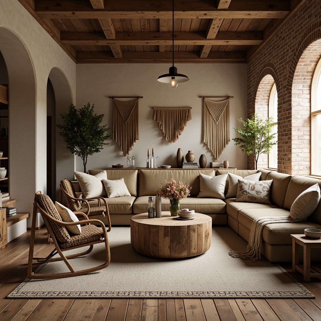 Prompt: Rustic wooden accents, vintage distressed finishes, earthy tone fabrics, plush velvet textures, natural fiber rugs, woven basket chairs, macrame wall hangings, reclaimed wood coffee tables, industrial metal lighting fixtures, exposed brick walls, arched doorways, cozy throw blankets, warm beige color palette, soft diffused lighting, 1/1 composition, intimate atmospheric mood.