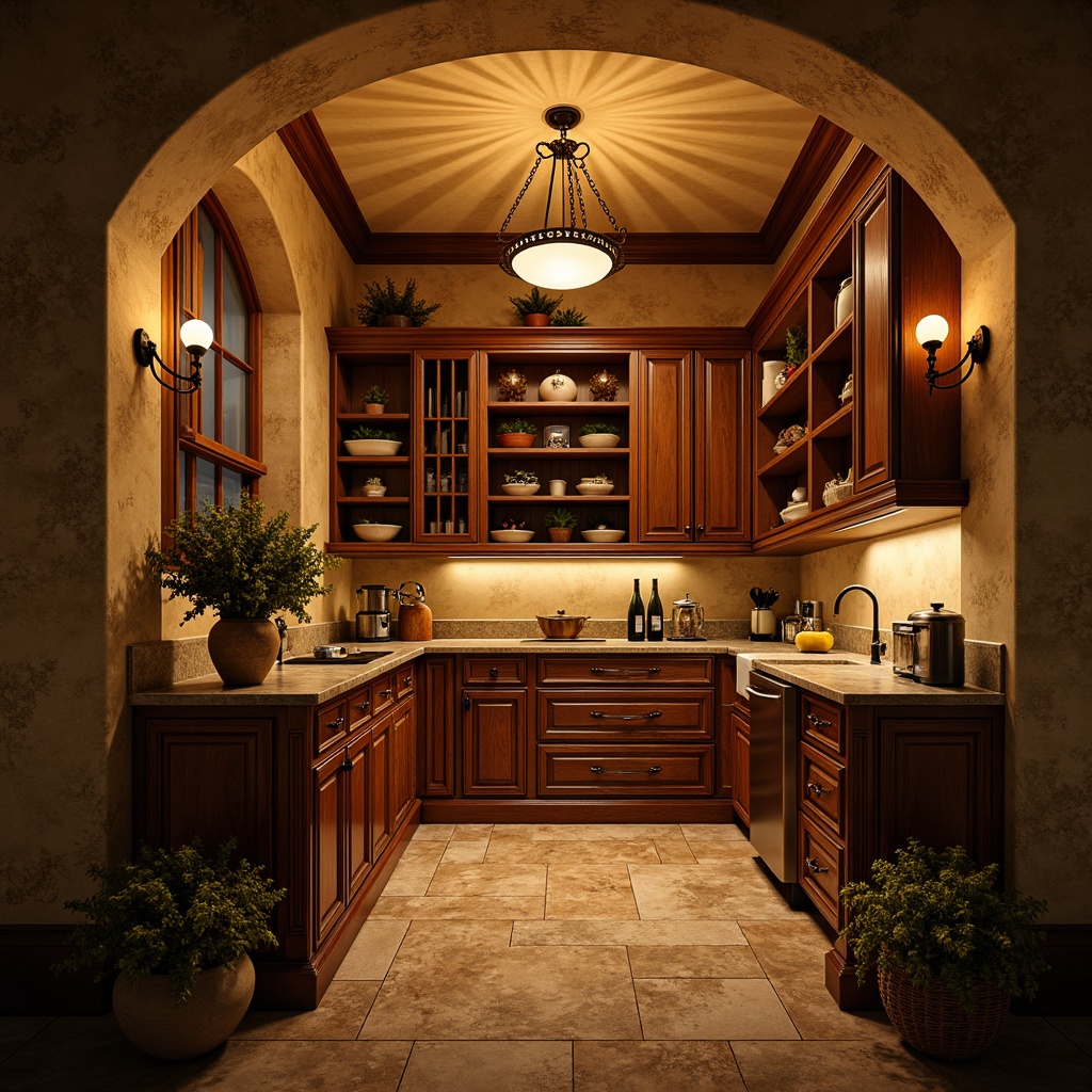 Prompt: Warm pantry, Renaissance-style cabinetry, ornate wooden carvings, soft golden lighting, candle-like chandeliers, warm beige walls, rustic stone floors, ambient warm glow, subtle shadows, elegant metal fixtures, distressed finishes, vintage-inspired hardware, rich wood tones, decorative archways, inviting nooks, cozy corners, soft focus, atmospheric lighting, 1/2 composition, intimate viewpoint, realistic textures.