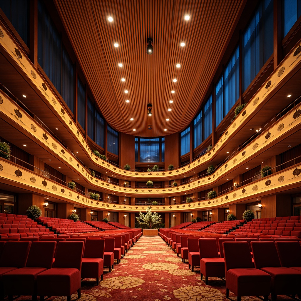 Prompt: Vibrant concert hall, rich wood tones, warm golden lighting, deep blue accents, plush red velvet seats, ornate gold details, elegant curved lines, sophisticated modern architecture, spacious high ceilings, dramatic spotlights, soft warm glow, shallow depth of field, 1/1 composition, realistic textures, ambient occlusion.