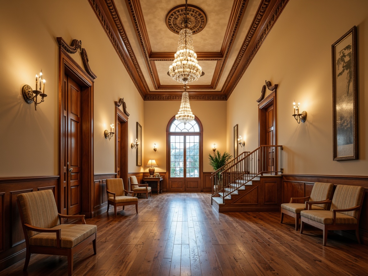 Prompt: Youth center interior, classic architectural style, warm beige walls, polished wooden floors, ornate chandeliers, crystal pendant lights, bronze sconces, decorative ceiling medallions, grand staircase, intricate moldings, luxurious fabrics, rich wood tones, soft warm lighting, ambient glow, 1/1 composition, shallow depth of field, realistic textures, subtle shadows.