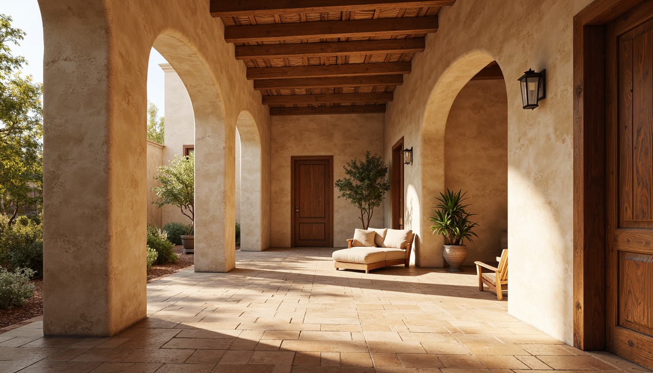 Prompt: Warm beige stucco walls, natural stone textures, rustic wooden accents, terracotta floor tiles, soft archways, ornate metalwork, distressed finishes, earthy color palette, sun-kissed ambiance, warm golden lighting, ambient shadows, 1/2 composition, realistic renderings, subtle normal mapping.