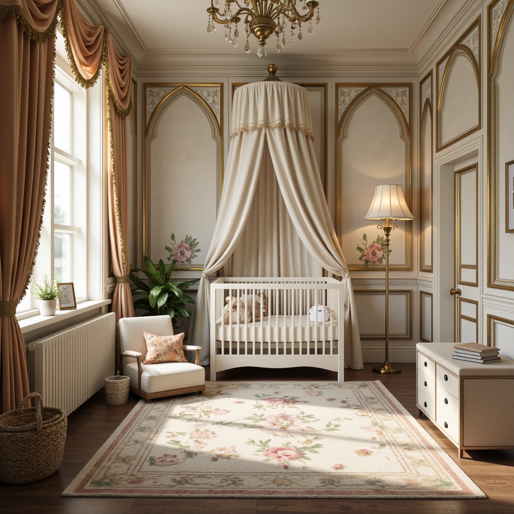 Prompt: Whimsical baby room, soft pastel colors, ornate wall panels, floral patterns, curved lines, organic shapes, textured wallpapers, metallic accents, luxurious fabrics, velvet drapes, tassel trim, antique furniture, distressed wood finishes, vintage decorative accessories, warm golden lighting, cozy reading nook, plush area rug, botanical prints, nature-inspired motifs, dreamy atmosphere, shallow depth of field, 1/1 composition, soft focus effect.