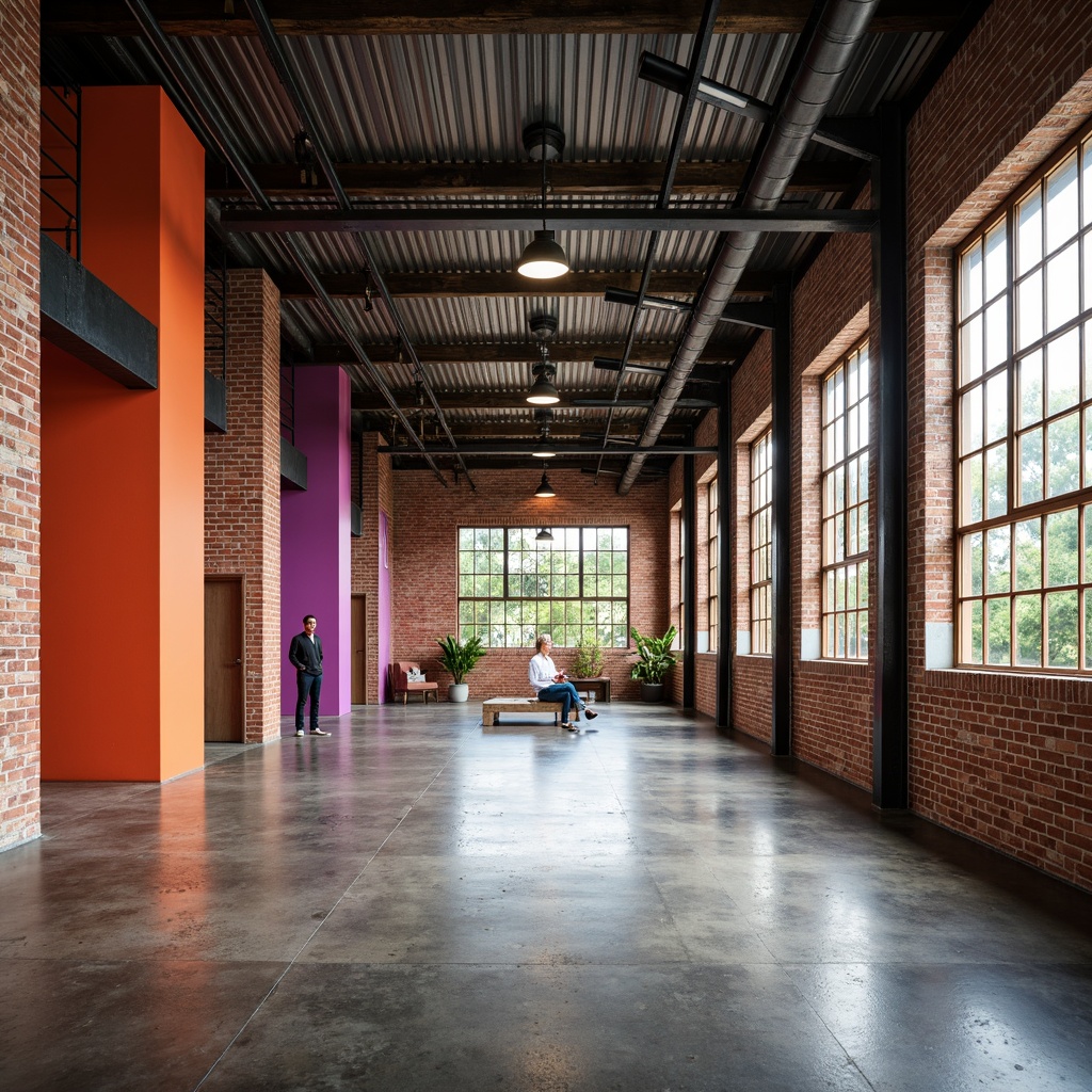 Prompt: Industrial warehouse, exposed brick walls, metal beams, polished concrete floors, functional lighting, bold color accents, primary colors, industrial chic aesthetic, urban atmosphere, gritty texture, distressed finishes, metallic sheen, high ceilings, open spaces, natural light, modern industrial design, rustic charm, earthy tones, neutral backgrounds, pops of bright colors, dynamic contrast, 3/4 composition, shallow depth of field, soft warm lighting.