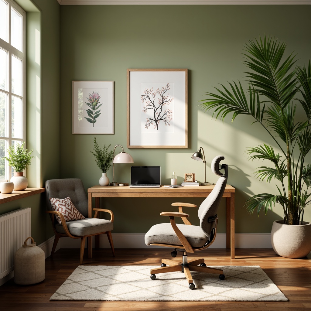 Prompt: Cozy home office, warm wooden desk, comfortable ergonomic chair, inspiring artwork, calm color scheme, soothing green walls, creamy white accents, rich wood tones, natural textiles, plenty of sunlight, soft warm lighting, shallow depth of field, 3/4 composition, realistic textures, ambient occlusion.