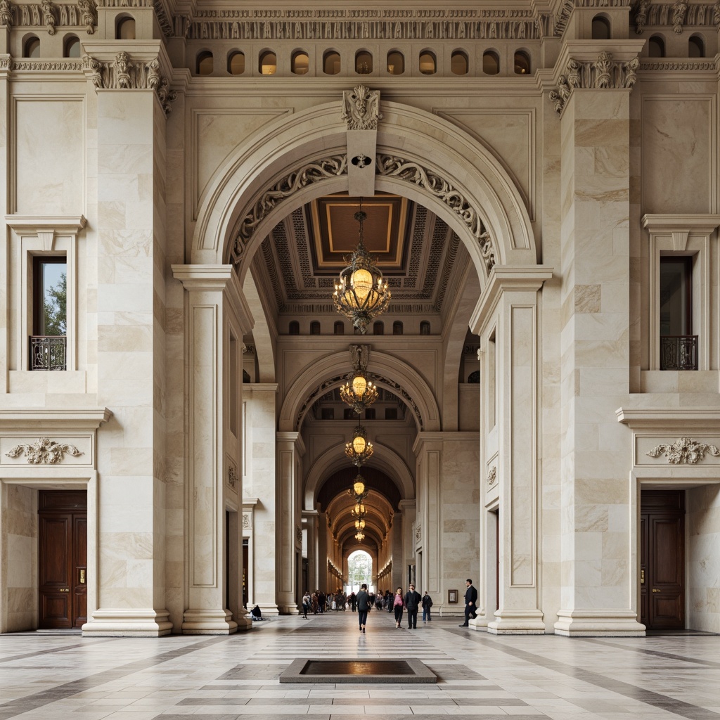 Prompt: Majestic memorial center, grand entrance archway, imposing columns, ornate capitals, intricately carved marble, solemn atmosphere, neoclassical architecture style, symmetrical fa\u00e7ade, balanced composition, subtle color palette, creamy white stone, polished bronze accents, regal interior spaces, vaulted ceilings, ornate chandeliers, subtle lighting, shallow depth of field, 1/2 composition, panoramic view, realistic textures, ambient occlusion.