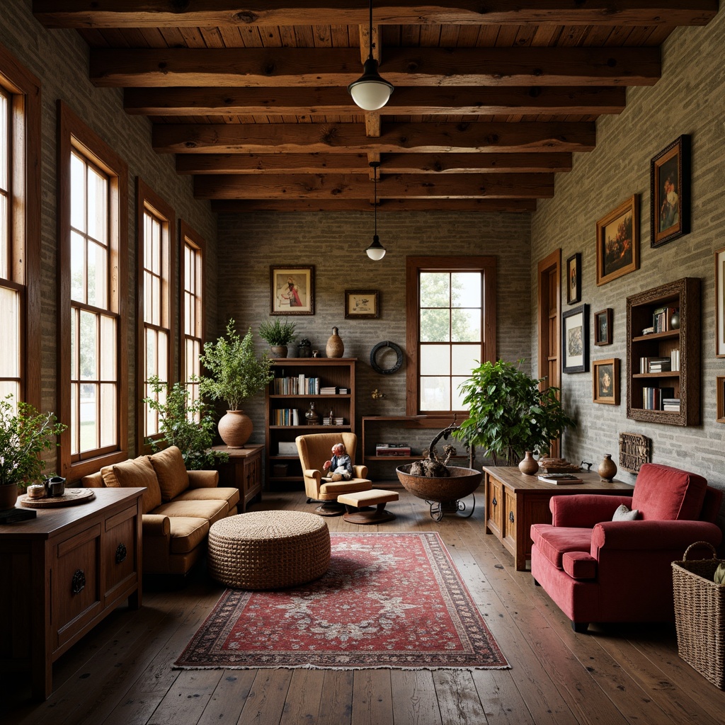 Prompt: Rustic farmhouse museum, vintage furniture pieces, distressed wood textures, earthy color palette, natural fabrics, woven baskets, antique agricultural tools, reclaimed barnwood accents, plush velvet upholstery, ornate metal frames, warm soft lighting, cozy reading nooks, 1/1 composition, intimate atmosphere, subtle shadows, realistic wear and tear.