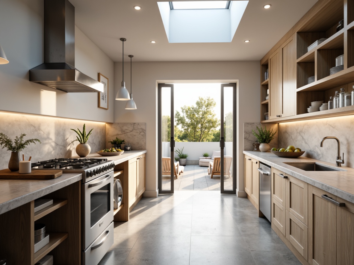 Prompt: Bright laundry room, modern appliances, sleek cabinets, marble countertops, soft warm lighting, LED strips under cabinets, pendant lights above island, natural light through skylight, ambient shadows, 1/1 composition, shallow depth of field, realistic textures, morning sunlight, gentle highlights, subtle color contrast.