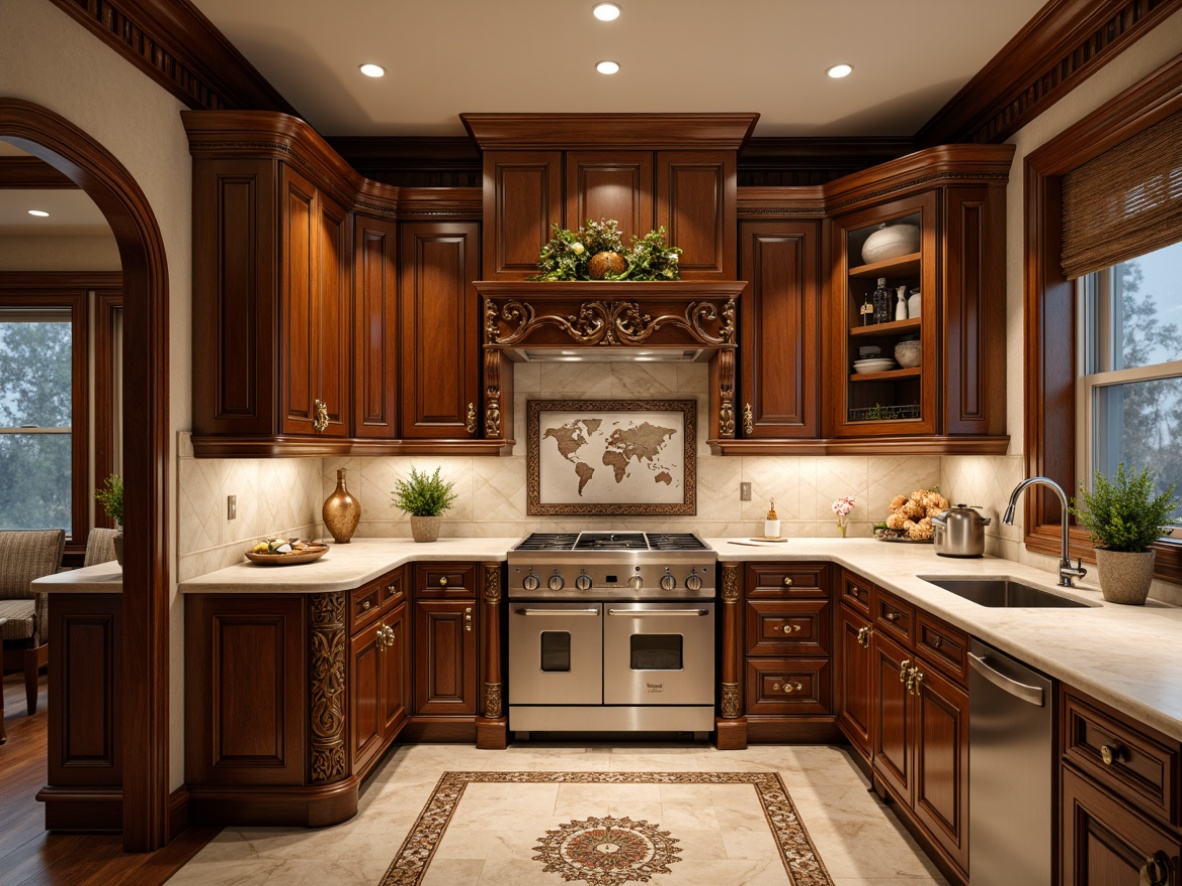 Prompt: Ornate pantry cabinetry, rich wood tones, carved acanthus leaf details, golden hardware, ornamental corbels, creamy marble countertops, soft warm lighting, classic crown molding, elegant archways, rustic wooden floors, vintage-inspired appliances, decorative ceramic tiles, ambient occlusion, realistic textures, shallow depth of field, 3/4 composition, panoramic view.