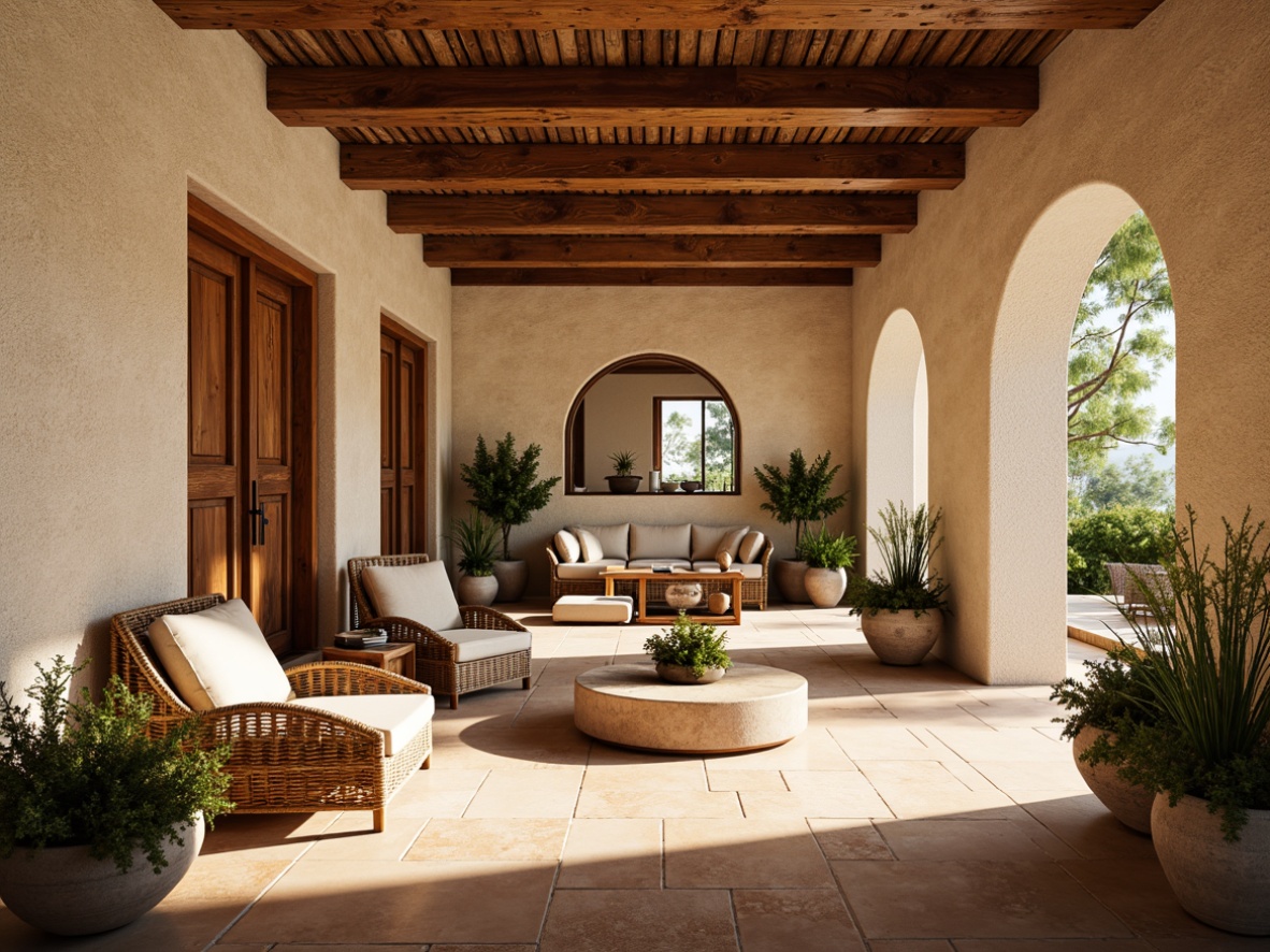 Prompt: Warm Mediterranean interior, natural stone walls, rustic wooden accents, earthy terracotta tiles, soft cream-colored stucco, textured plaster finishes, woven wicker furniture, distressed wood beams, ornate metalwork details, lush greenery, potted plants, warm sunny lighting, soft shadows, 1/1 composition, intimate atmosphere, realistic textures, ambient occlusion.