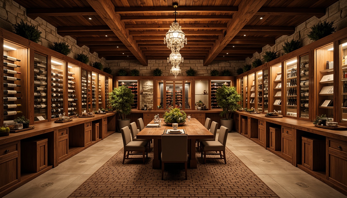 Prompt: Luxurious wine cellar, rich wood tones, stone walls, dimly lit ambiance, elegant chandeliers, sophisticated furniture, temperature-controlled environment, humidity-regulated atmosphere, rare wine collections, wooden wine racks, glass-enclosed wine displays, polished concrete floors, natural stone tiles, rustic brick flooring, warm earthy colors, soft diffused lighting, 1/2 composition, shallow depth of field, realistic textures.