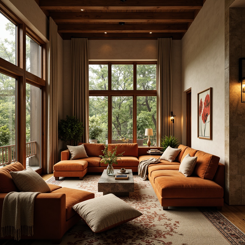 Prompt: Cozy living room, plush throw pillows, soft velvet sofas, warm beige carpeting, rustic wooden furniture, natural stone walls, floor-to-ceiling windows, elegant drapery, patterned rugs, ambient lighting, comfortable seating arrangements, 1/1 composition, shallow depth of field, realistic textures, warm golden lighting, inviting atmosphere.