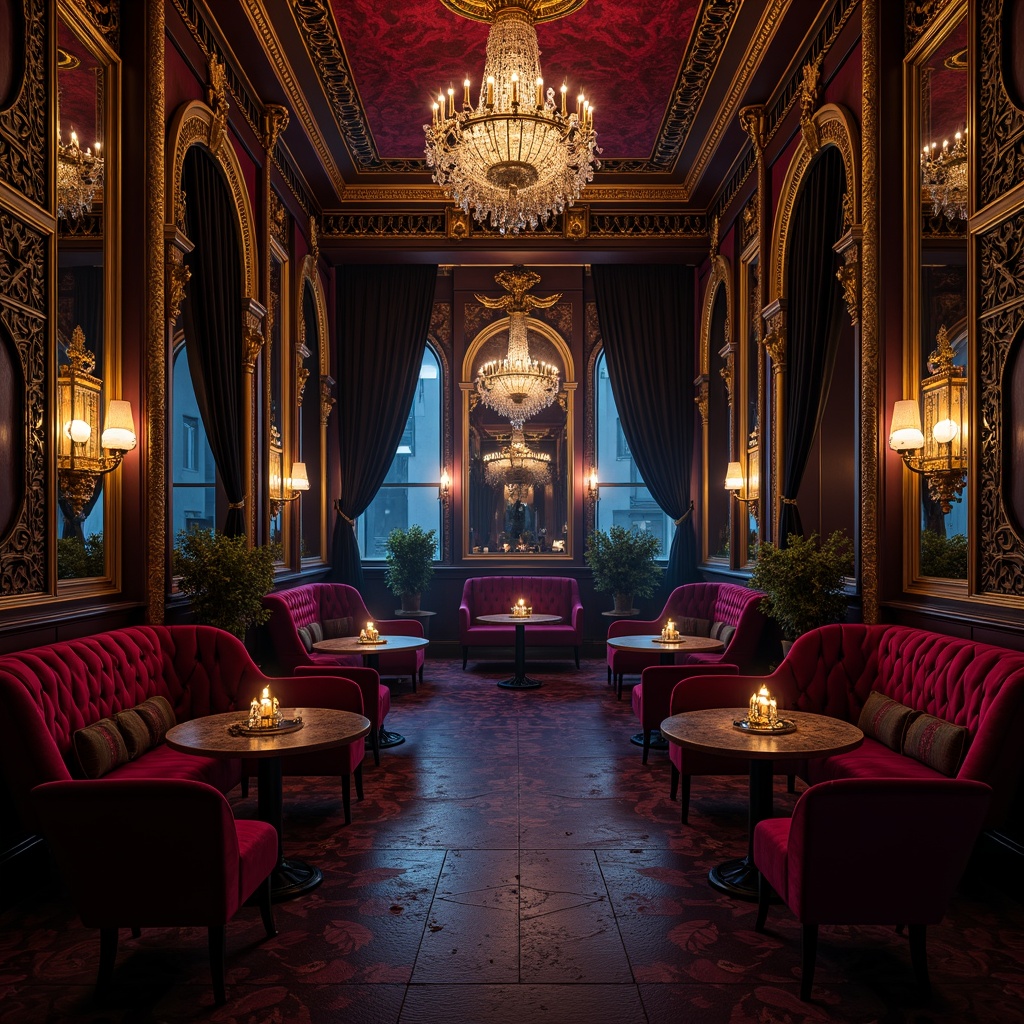 Prompt: Richly ornate nightclub, lavish gold accents, intricate carvings, dark mysterious atmosphere, velvety black drapes, crimson red walls, ornamental mirrors, crystal chandeliers, luxurious fabrics, deep blues and purples, moody lighting, dramatic shadows, 3/4 composition, low-key color palette, subtle gradations, mystical ambiance, indulgent textures, metallic sheen, ornate patterns, mystical symbols, lavish furnishings, opulent decor, warm golden glow, soft focus blur.