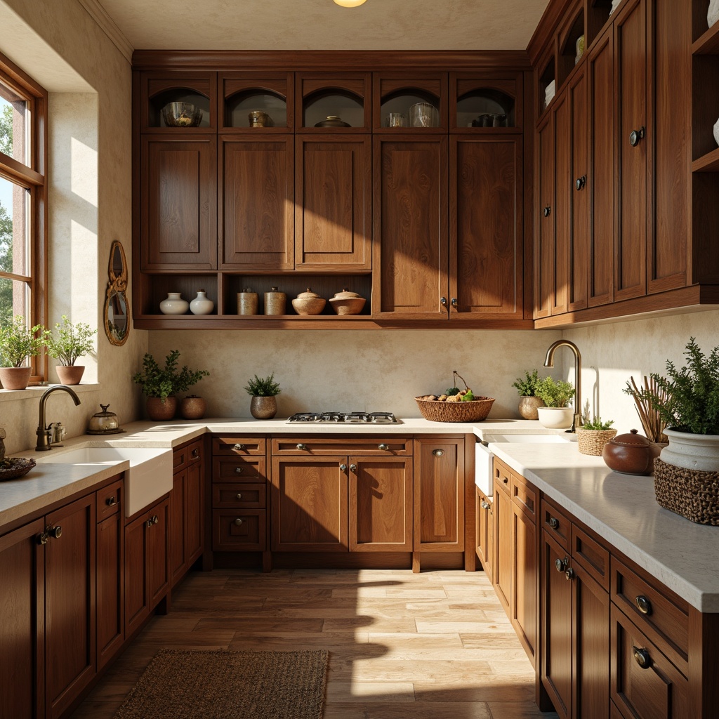 Prompt: Warm beige walls, rich walnut cabinetry, soft cream countertops, aged bronze hardware, ornate gilded accents, distressed wood flooring, vintage apothecary jars, rustic woven baskets, earthy terracotta planters, soft golden lighting, subtle warm shadows, 1/2 composition, intimate space, realistic textures, ambient occlusion.