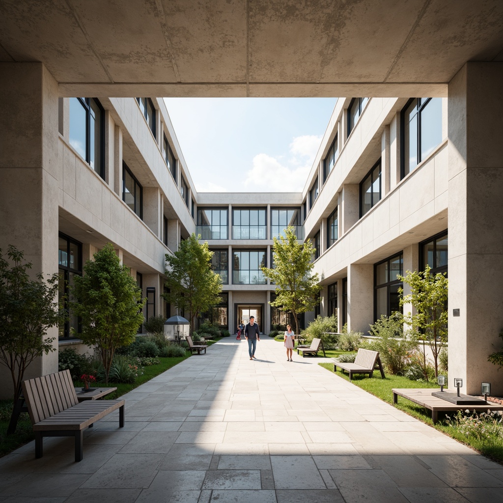 Prompt: Minimalist high school, open courtyard, natural stone flooring, sleek metal benches, modern architecture, floor-to-ceiling windows, abundant natural light, soft warm ambiance, shallow depth of field, 3/4 composition, panoramic view, realistic textures, ambient occlusion, subtle color palette, industrial-chic decor, polished concrete walls, geometric patterns, functional furniture, airy corridors, vibrant greenery, lush plants, calm atmosphere, gentle breeze.