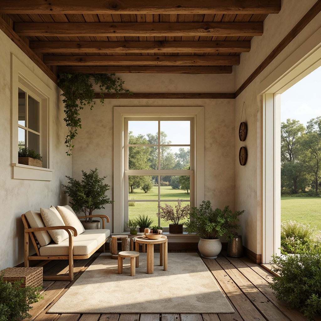 Prompt: Rustic farmhouse, natural wood accents, earthy color palette, warm beige walls, soft sage greenery, vintage metal decorations, distressed wooden floors, creamy white trim, cozy throw blankets, lush green pastures, sunny afternoon, gentle warm lighting, shallow depth of field, 1/1 composition, realistic textures, ambient occlusion.