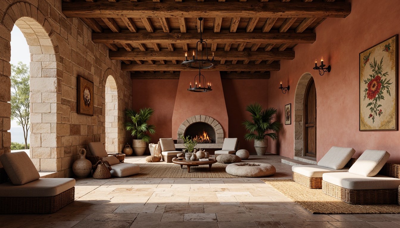 Prompt: Rustic stone walls, reclaimed wood planks, earthy terracotta hues, distressed wooden beams, vintage metal accents, rough-hewn boulders, natural fiber textiles, woven wicker furniture, soft warm lighting, shallow depth of field, 3/4 composition, panoramic view, realistic textures, ambient occlusion.