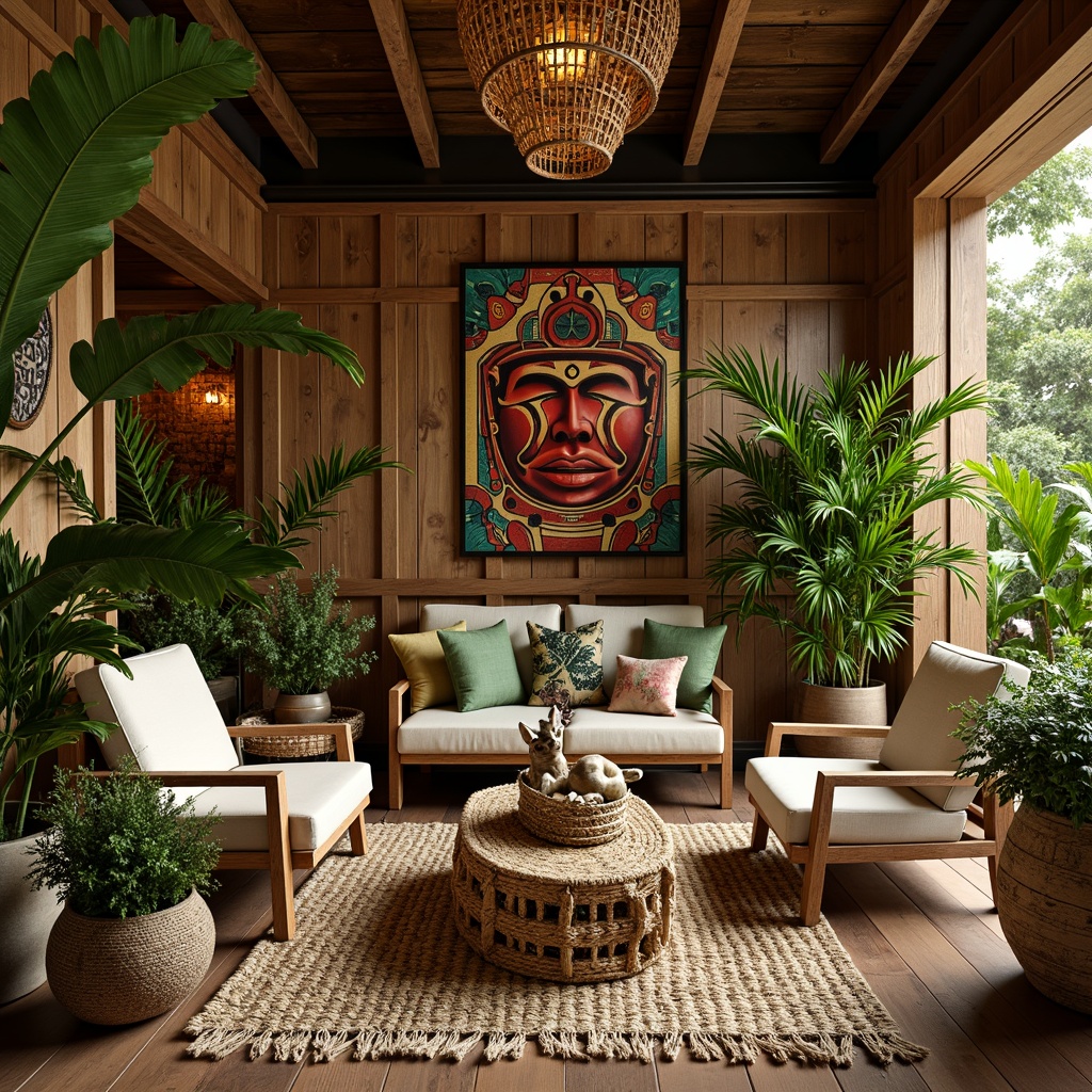 Prompt: Vibrant tropical interior, lush greenery, exotic wood accents, woven rattan furniture, natural fiber textiles, jute rugs, linen upholstery, distressed wood finishes, bamboo walls, palm frond patterns, colorful tiki masks, tribal-inspired prints, woven basket lights, rustic metal decor, earthy tone palette, soft warm lighting, shallow depth of field, 1/1 composition, realistic textures, ambient occlusion.