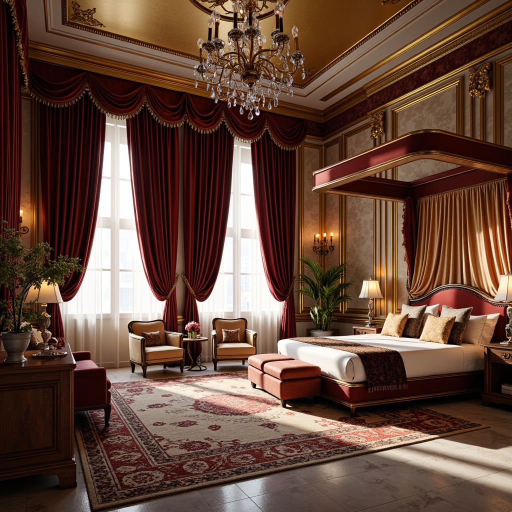 Prompt: Opulent classicism interior, rich velvet fabrics, intricately patterned rugs, lavish silk drapes, ornate wooden furniture, gilded accents, crystal chandeliers, marble floors, luxurious upholstery, tufted ottomans, majestic four-poster beds, elegant crown molding, warm golden lighting, shallow depth of field, 1/1 composition, realistic textures, ambient occlusion.