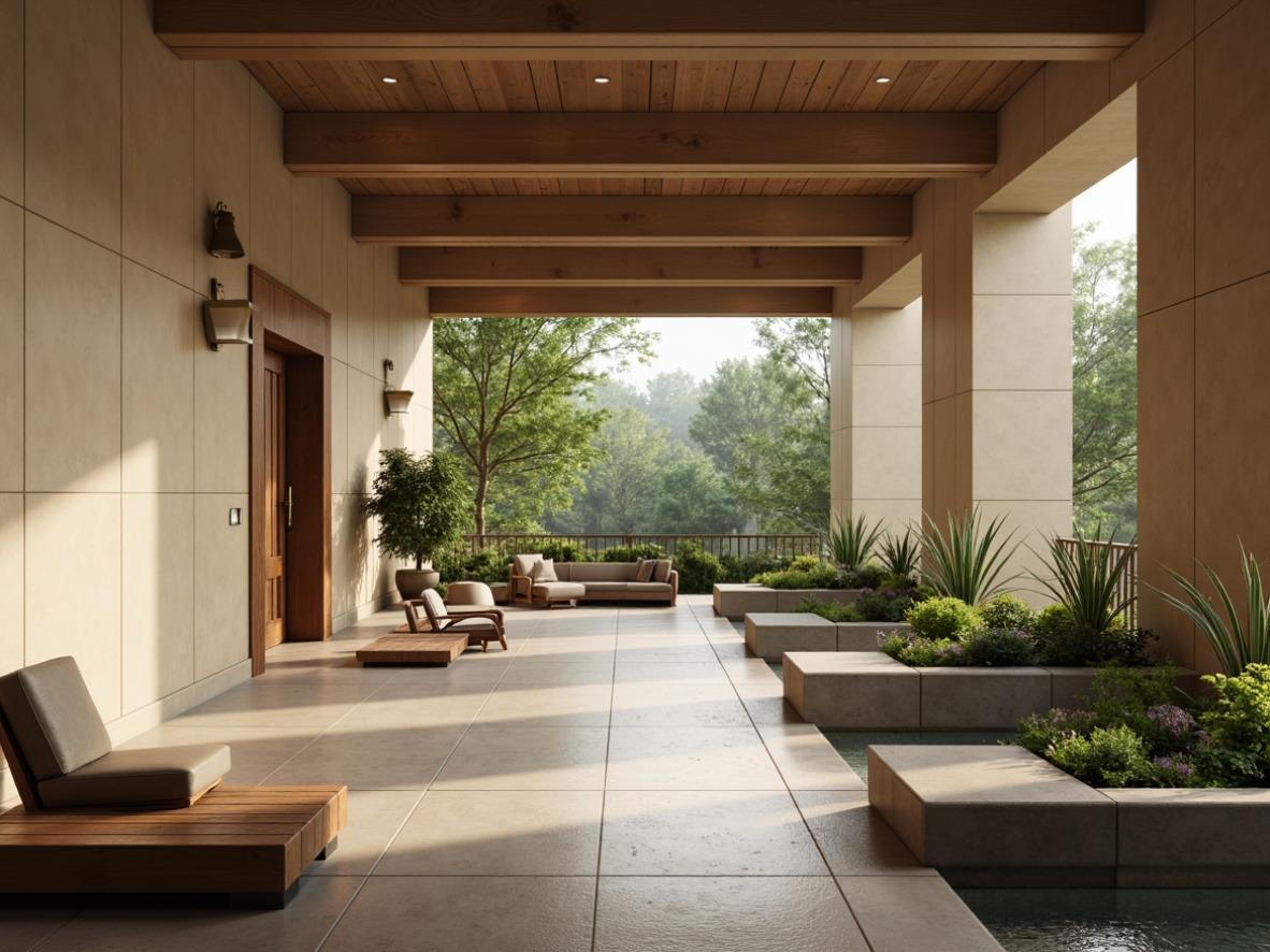 Prompt: Solemn memorial center, muted earthy tones, soft beige walls, gentle cream accents, dignified dark wood furnishings, subtle bronze hardware, serene natural stone floors, calm water features, peaceful greenery, respectful silence, warm diffused lighting, shallow depth of field, 1/1 composition, realistic textures, ambient occlusion.