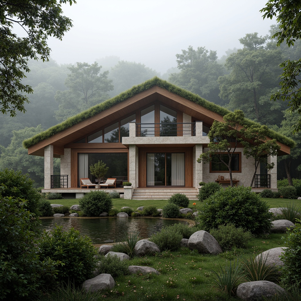 Prompt: Elegant villa, natural stone facade, lush green roof, wooden accents, organic shapes, earthy color palette, serene forest surroundings, misty morning atmosphere, soft diffused lighting, 1/1 composition, shallow depth of field, realistic wood textures, ambient occlusion, subtle leaf patterns, warm cozy ambiance.