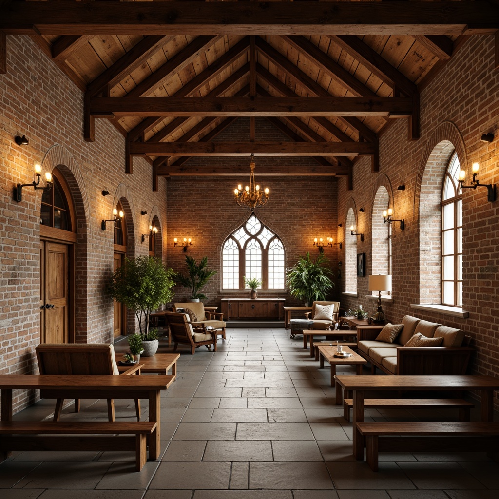 Prompt: Rustic church interior, wooden beams, exposed brick walls, natural stone flooring, reclaimed wood accents, earthy color palette, warm candlelight, comfortable seating areas, cozy nooks, open floor plan, minimalist decor, vintage pews, stained glass windows, wooden benches, rustic chandeliers, soft diffused lighting, shallow depth of field, 1/2 composition, realistic textures, ambient occlusion.