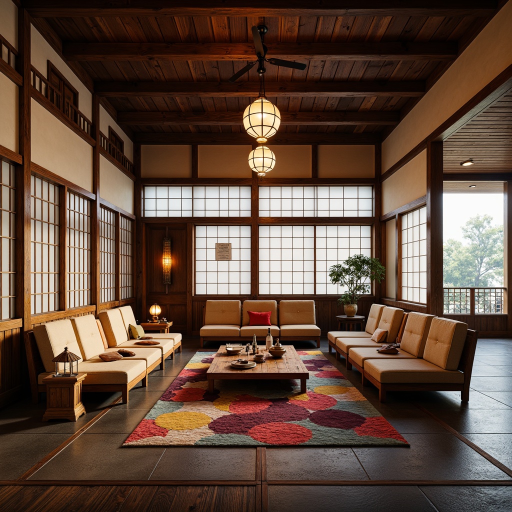 Prompt: Traditional Japanese shoji screens, intricately carved wooden furniture, low-seated sofas, vibrant silk fabrics, delicate paper lanterns, natural stone floors, warm ambient lighting, subtle aromas of incense, serene bonsai trees, minimalist decor, subtle textures, shallow depth of field, 3/4 composition, panoramic view, realistic wood grains, ambient occlusion.