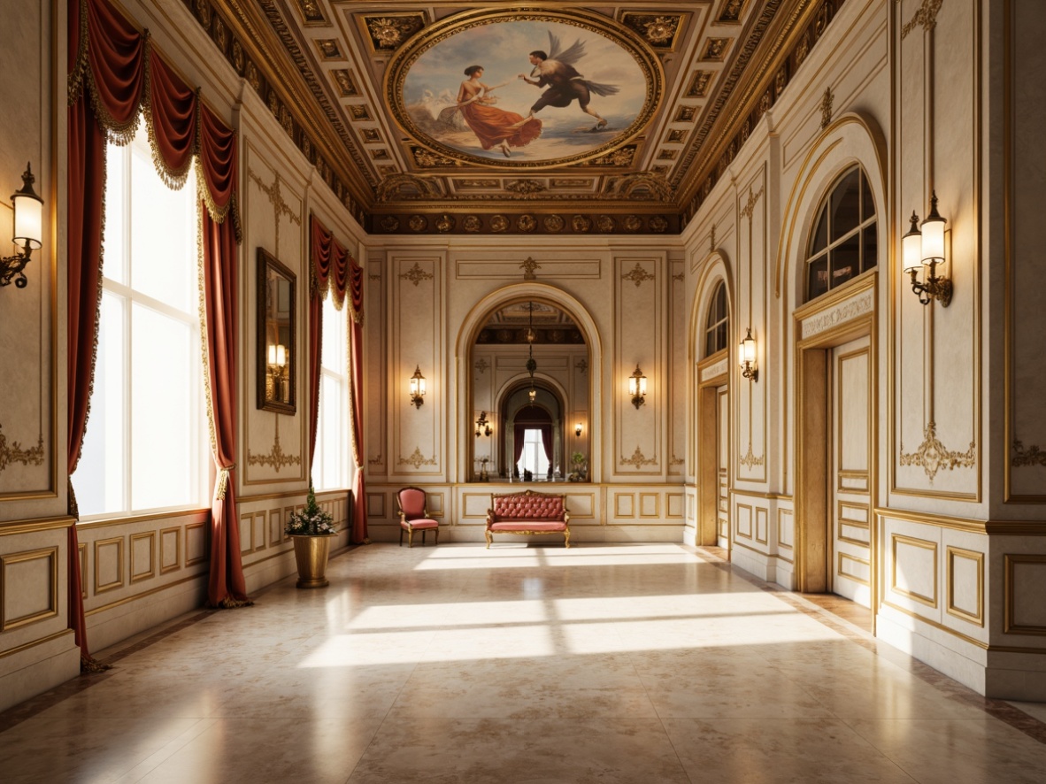 Prompt: Elegant classical interior, ornate moldings, rich wood paneling, creamy marble walls, subtle texture variation, soft warm lighting, subtle gradient effects, ornamental mirrors, gilded frames, luxurious velvet drapes, refined plasterwork, intricate fresco ceilings, symmetrical composition, 1/1 aspect ratio, shallow depth of field, realistic reflections, ambient occlusion.