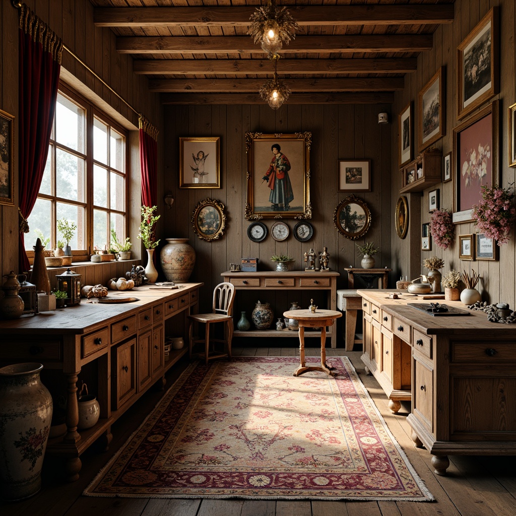 Prompt: Rustic craft room, wooden workbenches, vintage tools, distressed finishes, ornate carvings, rich wood tones, luxurious fabrics, velvet drapes, golden accents, antique furniture pieces, intricate moldings, floral patterns, soft warm lighting, shallow depth of field, 3/4 composition, realistic textures, ambient occlusion.