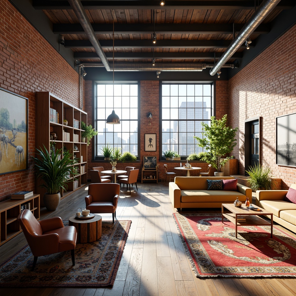 Prompt: Industrial chic loft interior, high ceilings, exposed brick walls, reclaimed wooden floors, metal beams, eclectic furniture mix, vintage armchairs, modern sofas, colorful rugs, abstract artwork, pendant lighting, floor-to-ceiling windows, natural light pouring in, airy atmosphere, cozy reading nooks, built-in shelving units, decorative ladders, urban city views, warm afternoon sunlight, shallow depth of field, 1/2 composition, realistic textures, ambient occlusion.