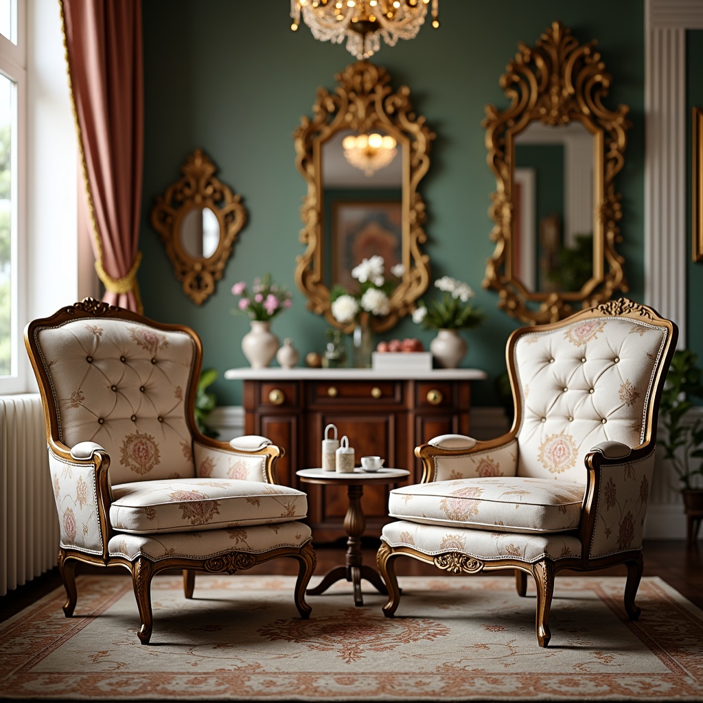 Prompt: Ornate armchairs, curved wooden legs, gilded carvings, velvet upholstery, intricate patterns, ornamental mirrors, luxurious fabrics, soft pastel colors, delicate floral motifs, carved wooden panels, lavish drapery, golden accents, Rococo-inspired ornaments, antique furniture pieces, opulent chandeliers, dramatic lighting, shallow depth of field, 1/1 composition, realistic textures, ambient occlusion.