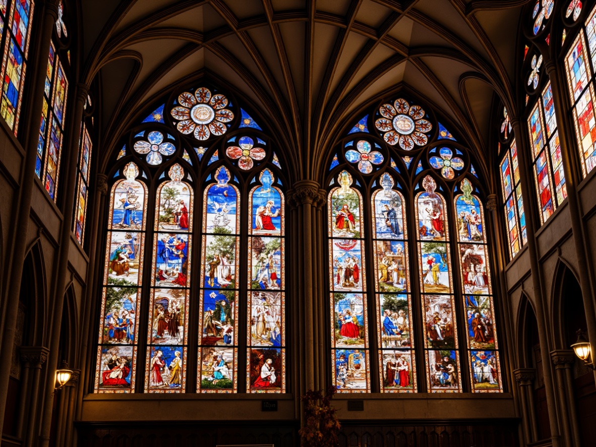 Prompt: Vibrant stained glass windows, ornate Gothic architecture, intricately designed panels, kaleidoscope of colors, subtle light refractions, mystical ambiance, sacred atmosphere, grand cathedral ceilings, elegant arches, luxurious interiors, refined textures, warm golden lighting, 1/1 composition, symmetrical framing, realistic reflections.