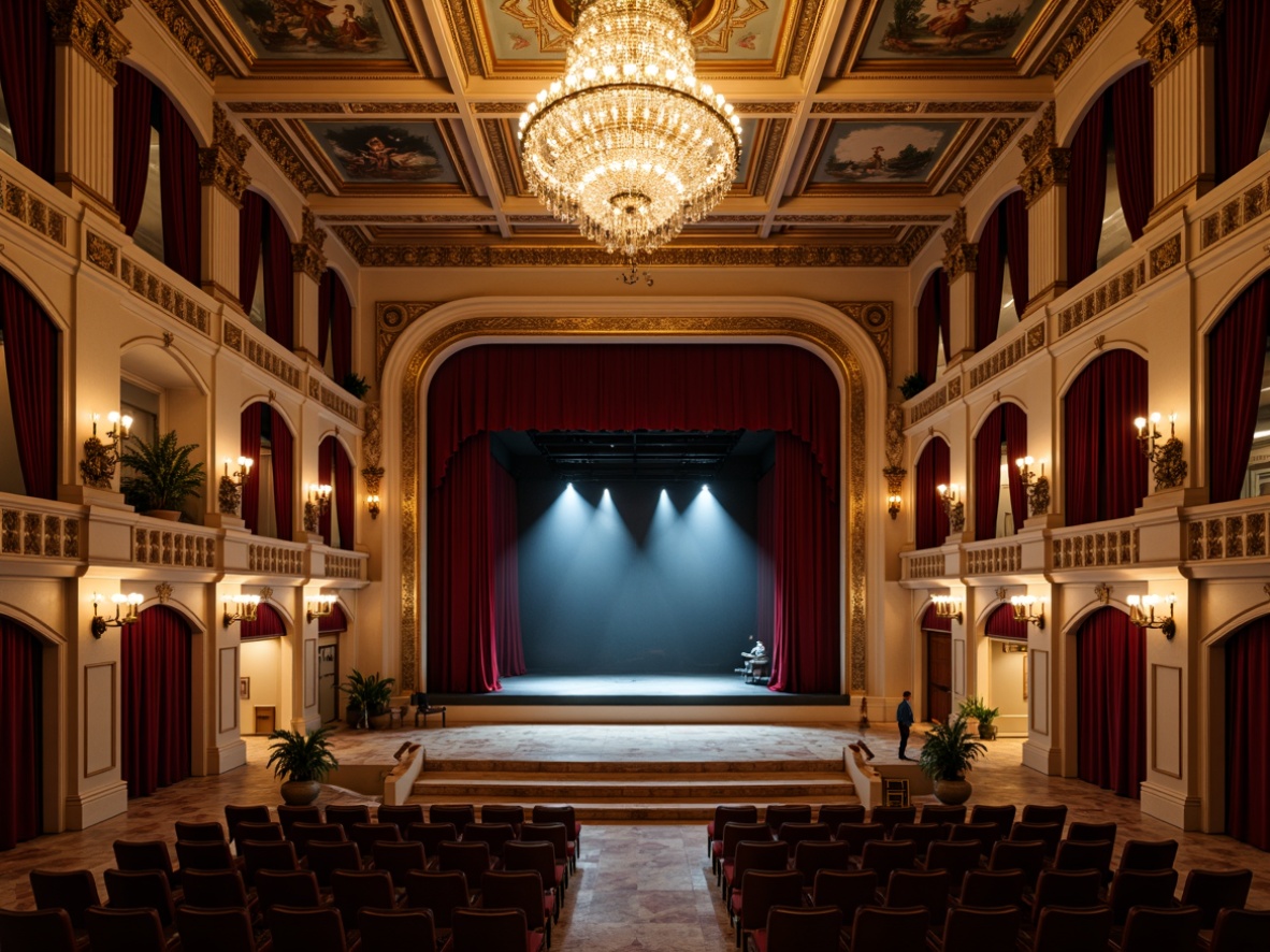 Prompt: Elegant theater interior, neoclassical architecture, ornate moldings, crystal chandeliers, velvet curtains, golden accents, intricate frescoes, marble columns, grand staircase, majestic stage, warm soft lighting, subtle color temperature, dramatic spotlighting, layered lighting effects, high contrast ratio, 1/2 composition, cinematic framing, atmospheric ambiance, realistic shadowing.