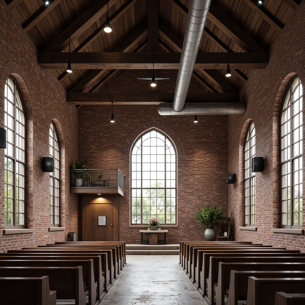 Prompt: Rustic church, exposed brick walls, reclaimed wood beams, metal accents, industrial pendant lamps, vintage pews, distressed stone floors, arched windows, stained glass, natural light pouring in, soft warm ambiance, subtle color palette, earthy tones, minimal ornamentation, functional simplicity, modern industrial touches, urban loft influence, open ceiling, ductwork exposed, steel columns, concrete foundations, weathered metal cladding, gothic-inspired architecture, dramatic verticality, airy atmosphere, serene worship space, panoramic view, realistic textures, ambient occlusion.