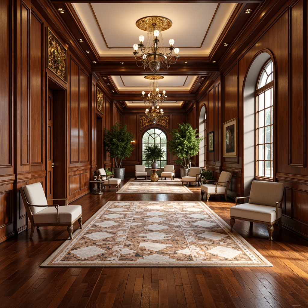 Prompt: Richly polished hardwood floors, ornate inlays, lavish marble surfaces, elegant parquet patterns, sophisticated herringbone designs, luxurious area rugs, stately columns, grand chandeliers, refined crown molding, opulent wall decorations, majestic archways, symmetrical layouts, soft warm lighting, shallow depth of field, 1/2 composition, realistic textures, ambient occlusion.