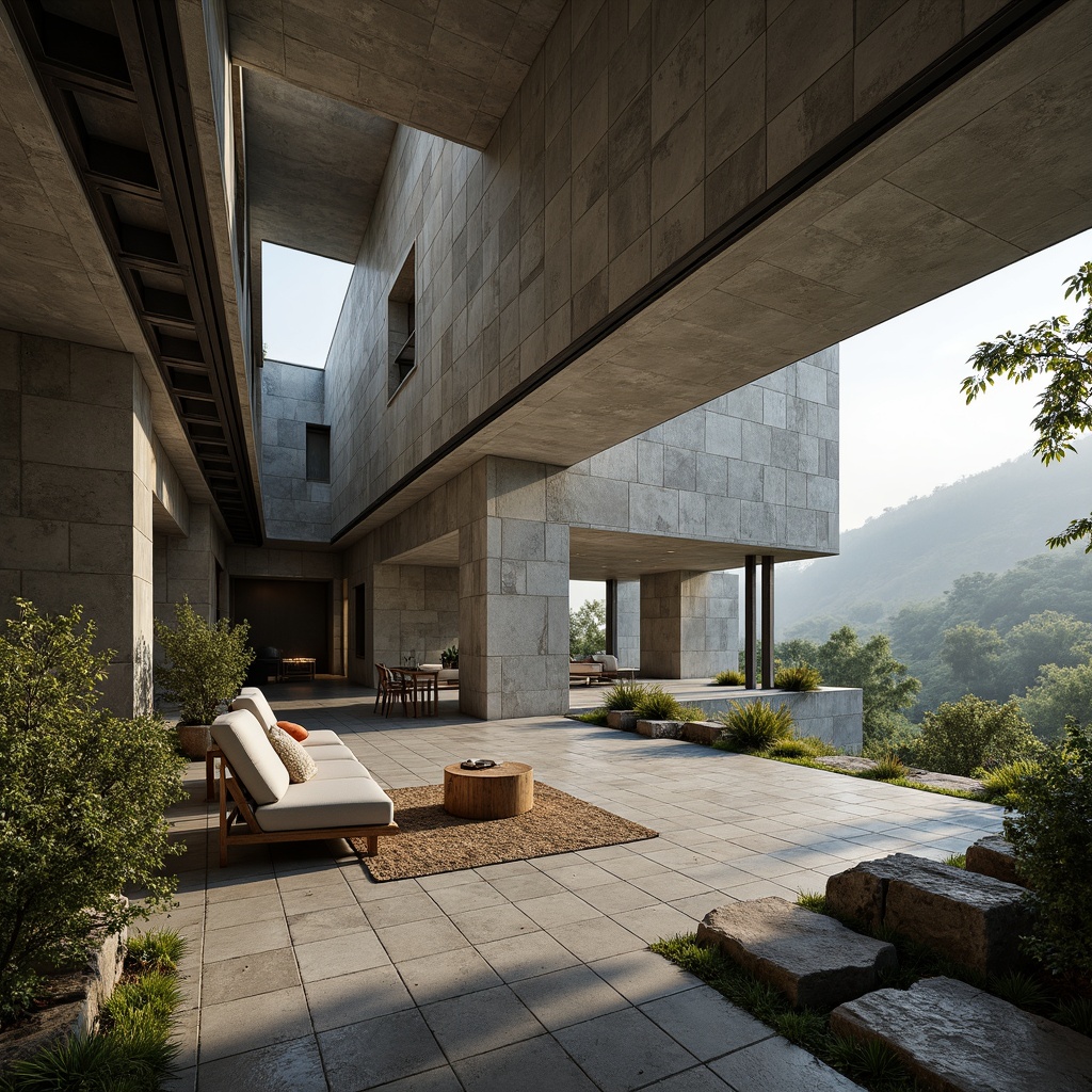 Prompt: Rugged villa, brutalist architecture, rough-hewn stone walls, exposed concrete floors, industrial metal beams, minimalist decor, abundant natural light, vast open space, panoramic views, dramatic shadows, harsh geometric lines, monochromatic color scheme, weathered wood accents, overgrown vegetation, moss-covered rocks, misty atmosphere, soft warm lighting, shallow depth of field, 1/1 composition.