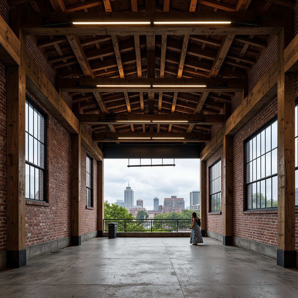 Prompt: Rustic pavilion, exposed wooden beams, industrial metal framework, distressed brick walls, reclaimed wood accents, vintage factory windows, concrete floors, Edison bulb lighting, natural ventilation, urban cityscape, overcast sky, dramatic shadows, high contrast, 1/2 composition, symmetrical framing, warm color tone, realistic textures, subtle grain.