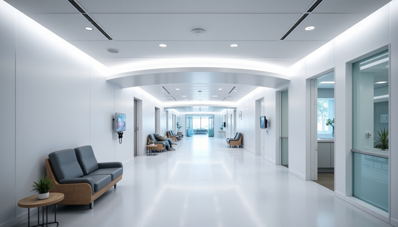 Prompt: Minimally decorated hospital corridors, sterile white walls, polished chrome fixtures, sleek medical equipment, modern LED lighting, spacious waiting areas, comfortable patient chairs, calming pastel colors, gentle natural light, shallow depth of field, 3/4 composition, panoramic view, realistic textures, ambient occlusion, spotless floors, hygienic surfaces, curved lines, minimalist design, efficient circulation paths, serene atmosphere.