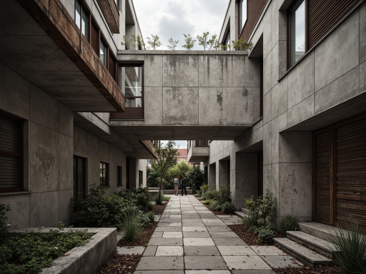 Prompt: Raw concrete textures, industrial metal accents, bold architectural forms, muted earthy tones, rugged stone walls, weathered wood elements, distressed finishes, urban cityscape backdrop, overcast skies, dramatic shadows, high contrast lighting, 3/4 composition, cinematic framing, gritty realistic render, ambient occlusion.