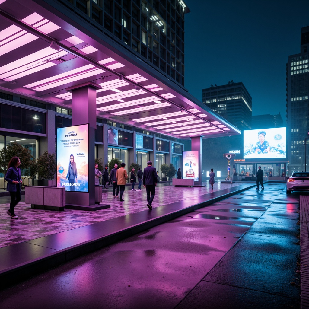 Prompt: Futuristic bus station, neon lights, glowing strips, metallic surfaces, holographic advertisements, transparent roofs, LED displays, dynamic patterns, vibrant colors, atmospheric mist, soft focus, shallow depth of field, 1/1 composition, low-angle shot, cinematic lighting, dramatic shadows, high-tech ambiance, sleek lines, minimalist design, sustainable energy solutions, solar panels, electric vehicle charging stations, urban cityscape, evening atmosphere, futuristic city lights, blurred motion.