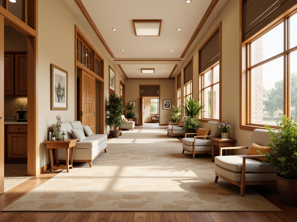 Prompt: Warm beige walls, soft natural light, traditional healthcare center, ornate wooden accents, classic furnishings, elegant waiting areas, comfortable patient rooms, serene nurse stations, warm wood flooring, plush carpeting, gentle color palette, soothing artwork, calming textures, subtle patterns, traditional architectural details, symmetrical composition, softbox lighting, warm color temperature, inviting atmosphere.