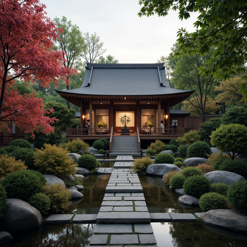 Prompt: Traditional Japanese temple, serene natural surroundings, lush greenery, koi ponds, intricately designed gates, vibrant cherry blossom trees, subtle lantern lighting, wooden accents, tatami mats, sliding shoji doors, minimalist decor, cultural artifacts, delicate ceramics, hand-painted murals, bold kanji calligraphy, warm soft lighting, shallow depth of field, 3/4 composition, panoramic view, realistic textures, ambient occlusion.