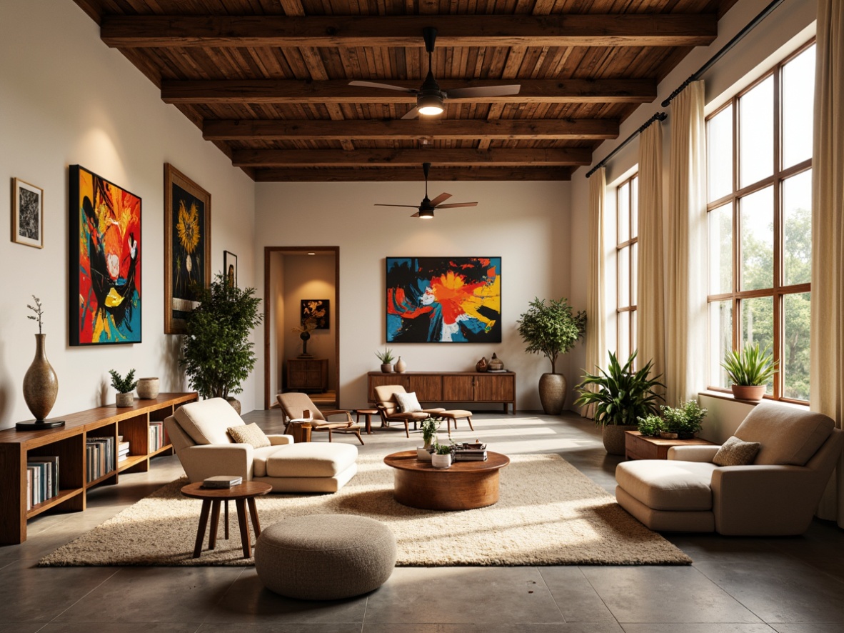 Prompt: Vibrant art studio, eclectic furniture pieces, bold abstract artwork, rich wood accents, creamy white walls, industrial metal beams, natural stone floors, cozy reading nooks, floor-to-ceiling windows, warm golden lighting, shallow depth of field, 3/4 composition, panoramic view, realistic textures, ambient occlusion.