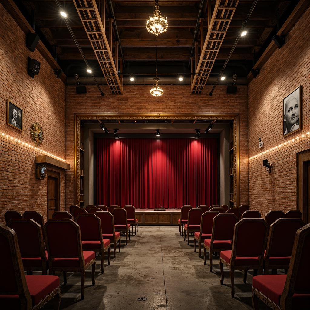 Prompt: Exposed brick walls, industrial metal beams, reclaimed wood accents, vintage theater seats, ornate chandeliers, dramatic spotlights, rich red velvet curtains, metallic scaffolding, distressed concrete floors, urban loft atmosphere, moody warm lighting, shallow depth of field, 1/1 composition, realistic textures, ambient occlusion.