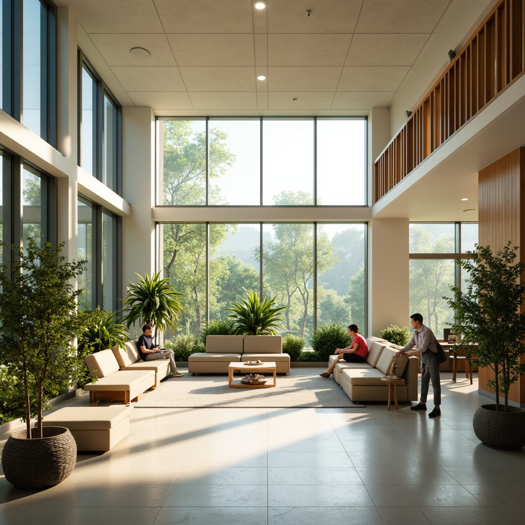 Prompt: Serene hospital interior, abundant natural light, floor-to-ceiling windows, greenery views, calming color palette, soft warm lighting, gentle shadows, minimalist decor, comfortable seating areas, wooden accents, sleek modern architecture, curved lines, open spaces, airy atmosphere, relaxation lounges, peaceful ambiance, 1/1 composition, shallow depth of field, realistic textures.