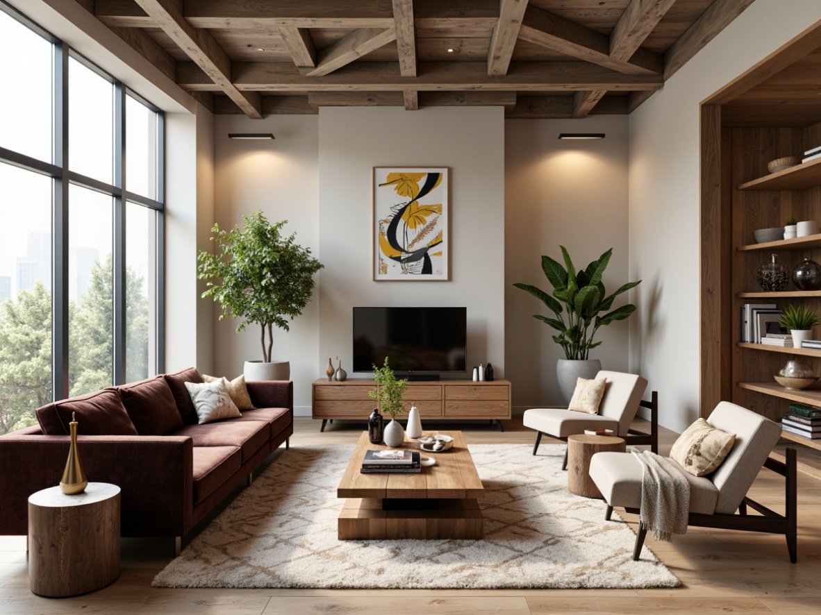 Prompt: Mid-century modern living room, sleek wooden coffee table, velvet upholstered sofa, abstract artwork, minimalist decor, floor-to-ceiling windows, natural light, urban loft atmosphere, industrial-chic metal lighting fixtures, geometric-patterned area rug, luxurious marble side tables, greenery accents, Scandinavian-inspired wood accents, warm beige walls, cozy throw blankets, eclectic vintage accessories, low-profile TV console, functional shelving units.