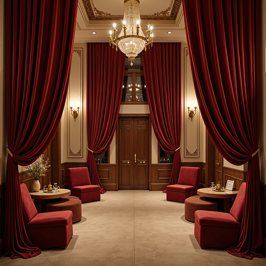 Prompt: Rich velvet curtains, dark wood accents, plush red seats, golden lighting fixtures, soft cream walls, warm beige floors, subtle soundproofing textures, ornate decorative moldings, grand chandelier, luxurious fabric upholstery, sophisticated ambient atmosphere, dimmable LED lights, 3/4 composition, shallow depth of field, realistic rendering.